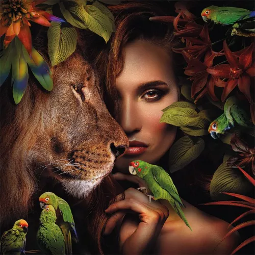 Payaa Woman with Lion and Parrots 80x80cm (200240)